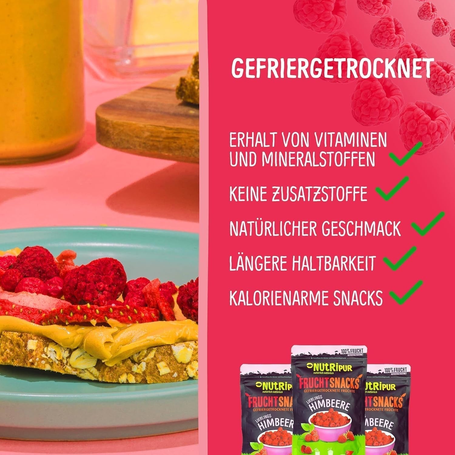 Fructe liofilizate: 100g zmeură liofilizată pentru smoothie bowls, muesli, toppinguri pentru terci - fructe de pădure liofilizate fără zahăr adăugat - fructe de pădure liofilizate - fructe de la NutriPur Produse deshidratate Naty Shop