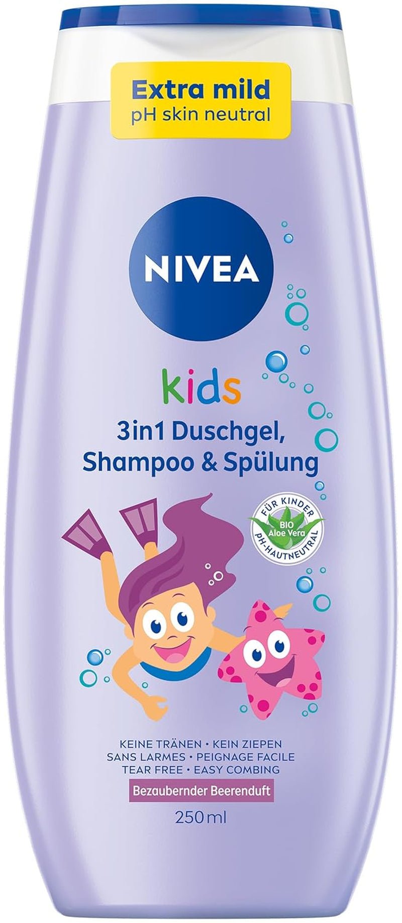 Gel de duș, șampon și balsam NIVEA KIDS 3in1, îngrijire și curățare pentru copii cu un parfum magic de mere, extra blând, îngrijire fără săpun pentru păr și piele pentru copii (250 ml) Copii - Baie si Skincare Naty Shop 250ml