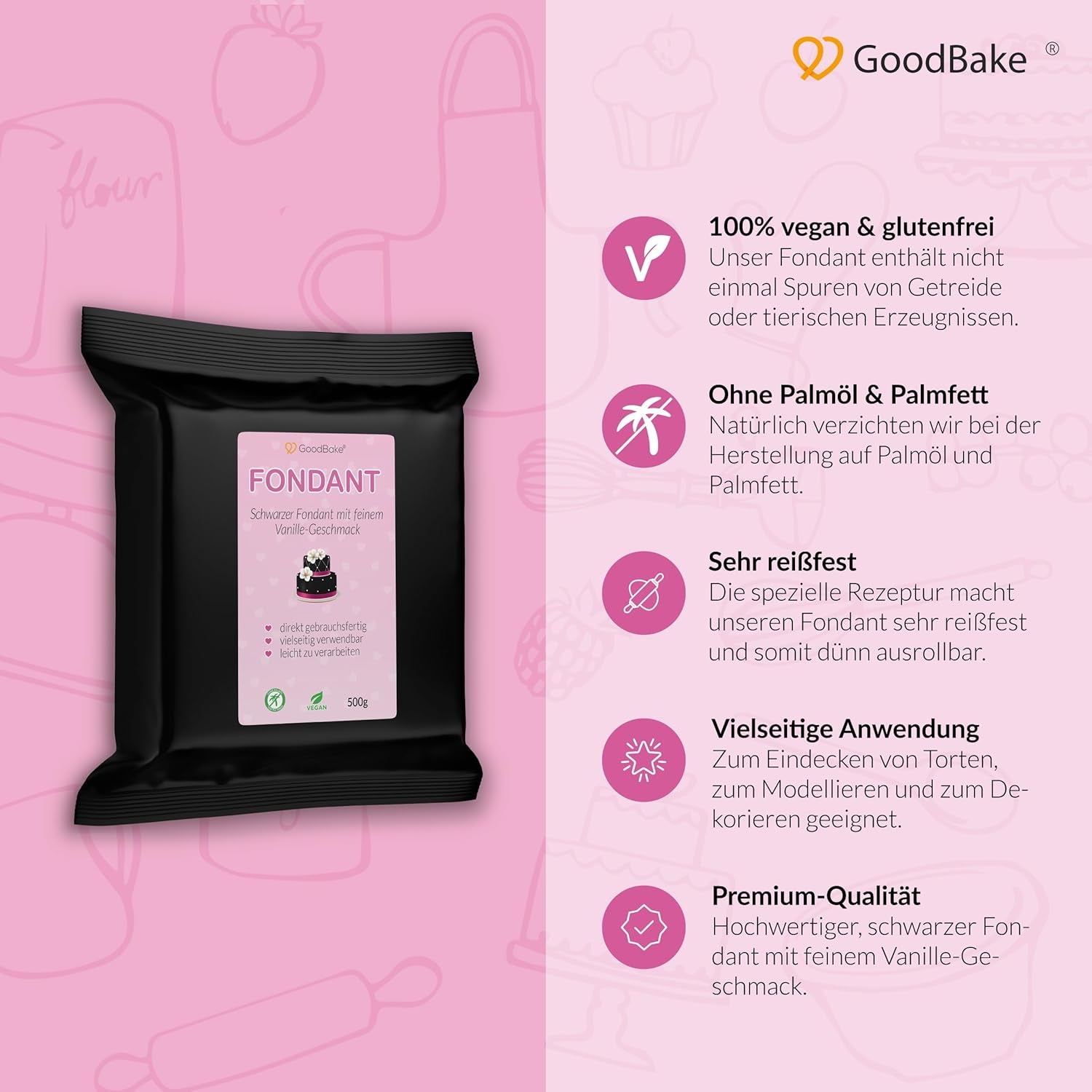 GoodBake fondant negru 500g, fondant rulat pentru acoperirea, modelarea, decorarea prăjiturilor, figurilor, florilor de zahăr și multe altele, fără ulei de palmier, vegan, fără gluten Pasta de zahar Naty Shop