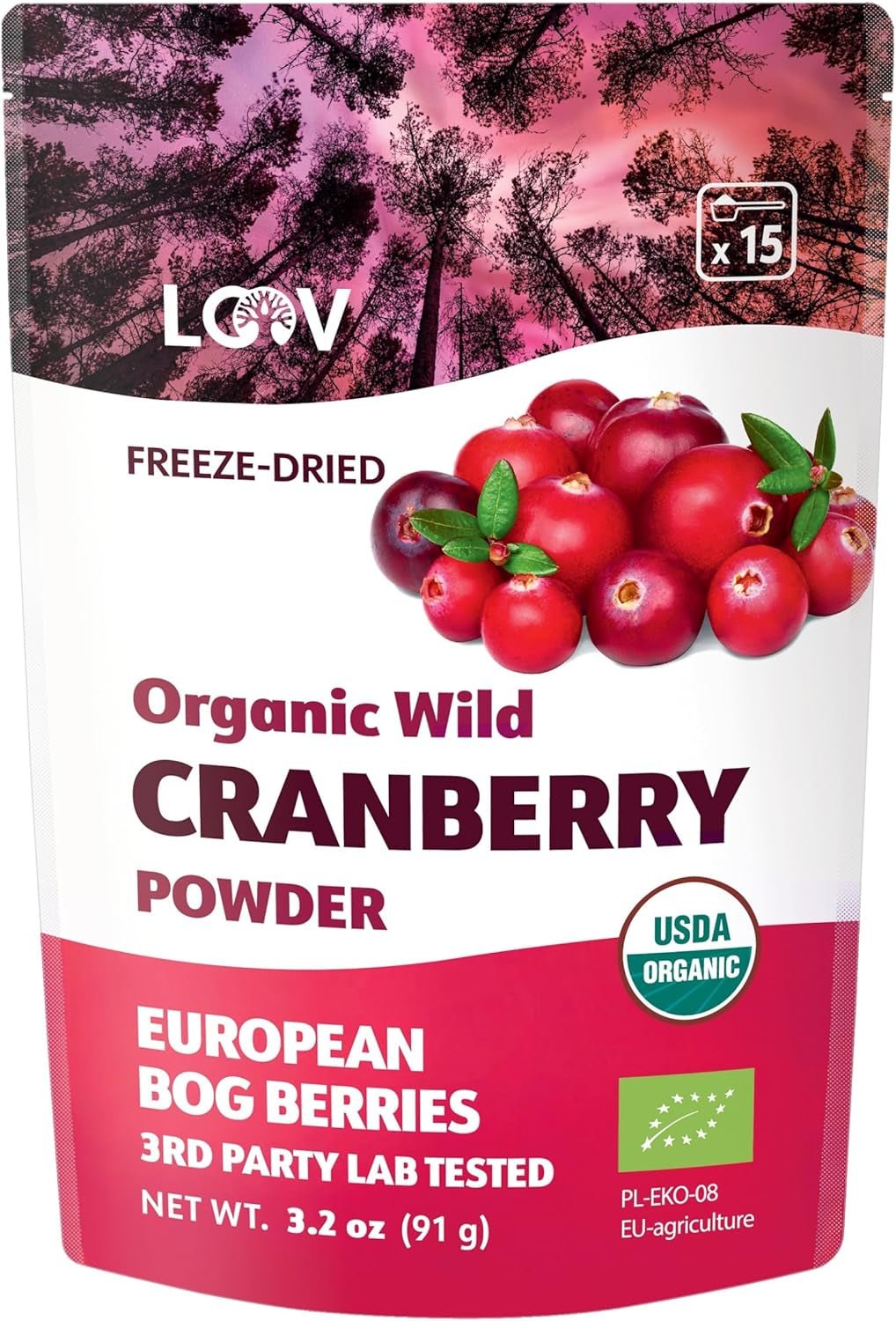LOOV pulbere organică de afine, fabricată din afine sălbatice 100% întregi, liofilizate, recoltate în pădurile din nordul Europei, 113 g, fără zahăr adăugat Produse deshidratate Naty Shop 91 G Pulbere de merișor