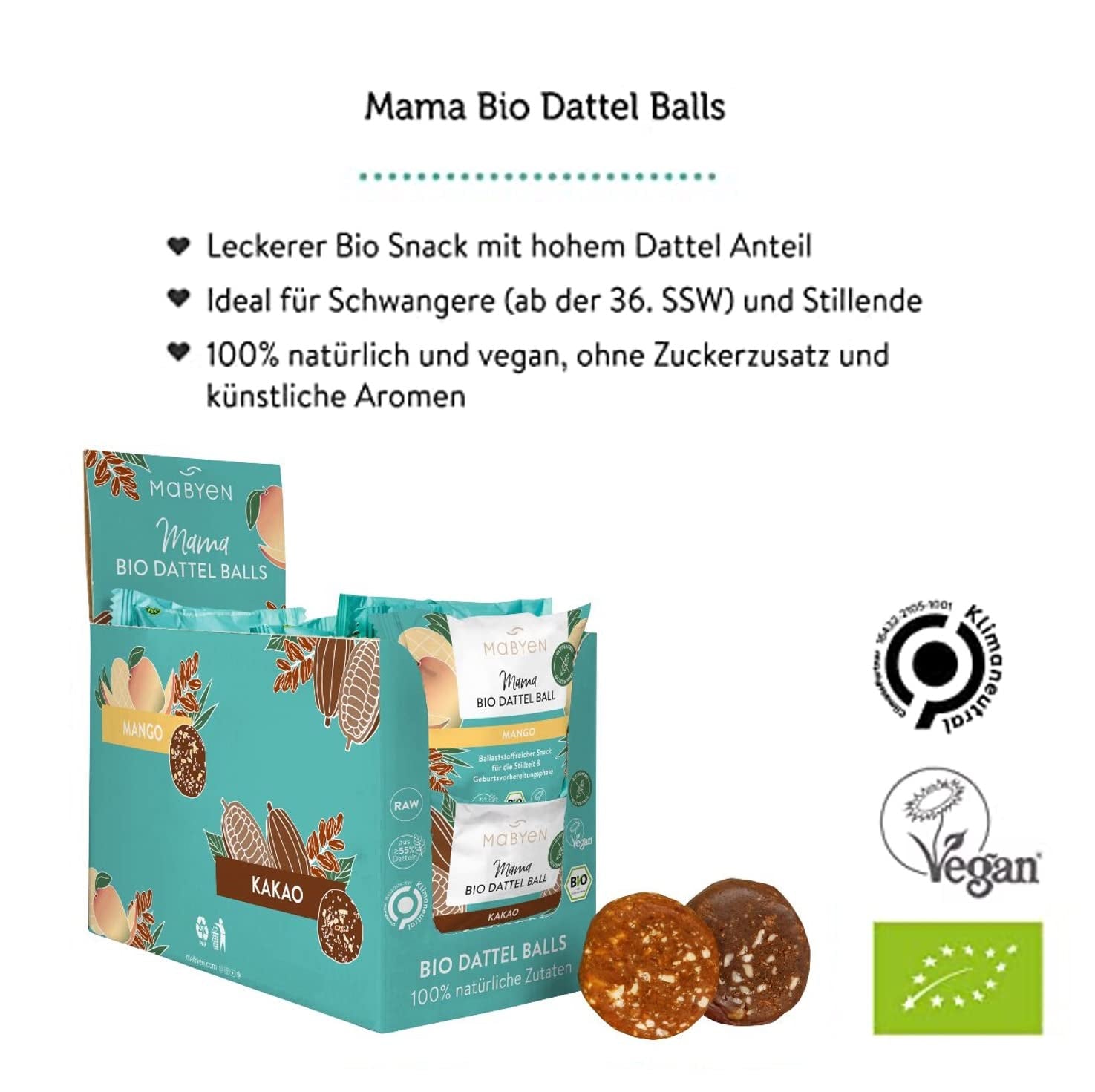 MABYEN Energy Balls Date Organic 20 buc. | Date Balls - Gustări sănătoase fără zahăr pentru sarcină și alăptare - Batoane proteice cu fructe uscate - Aromă 13 x cacao și 7x mango Produse deshidratate Naty Shop