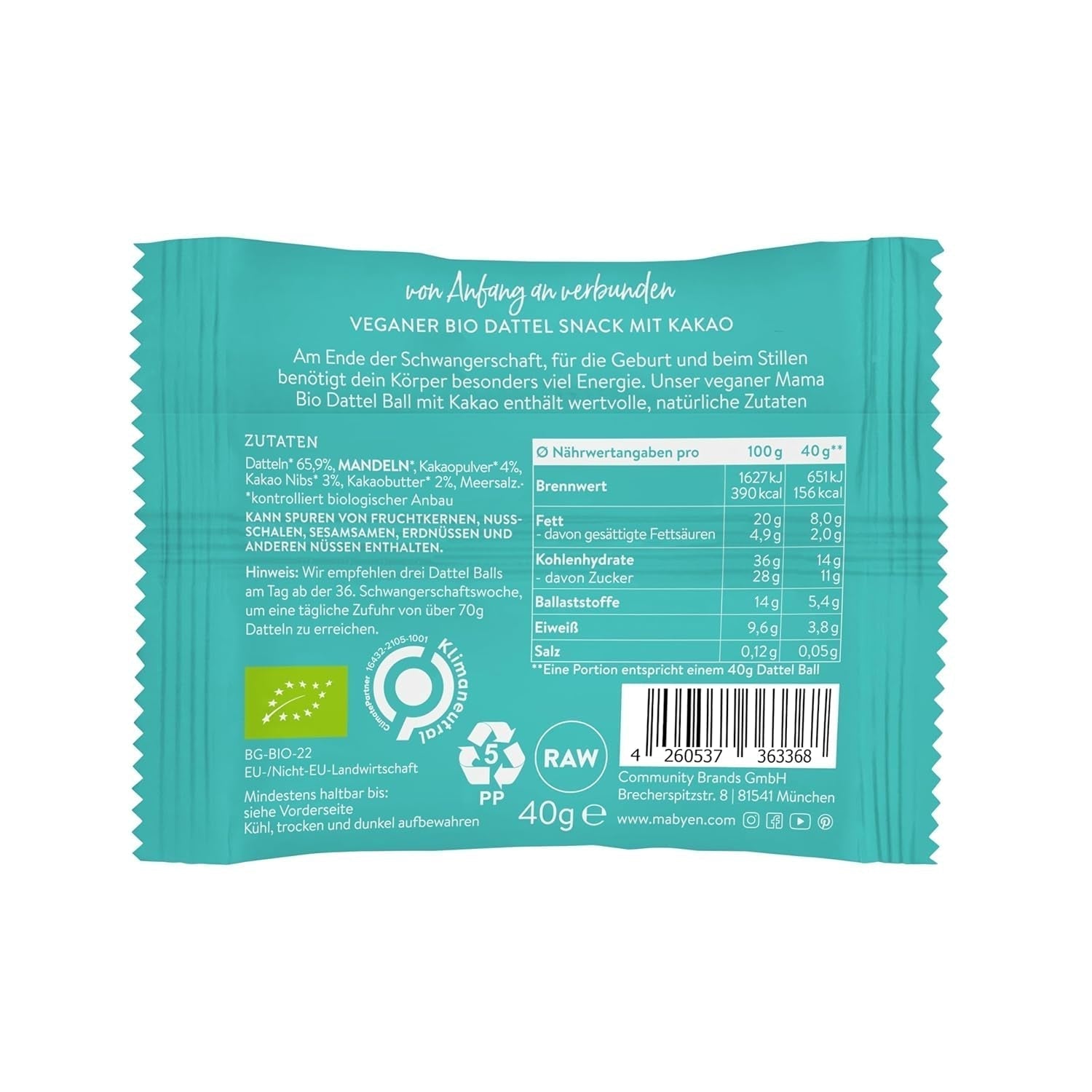 MABYEN Energy Balls Date Organic 20 buc. | Date Balls - Gustări sănătoase fără zahăr pentru sarcină și alăptare - Baton proteic cu fructe uscate - Cu aromă de cacao Produse deshidratate Naty Shop