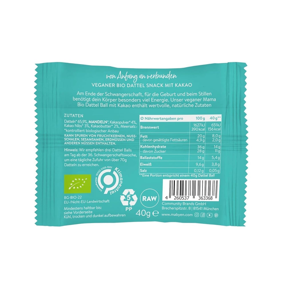 MABYEN Energy Balls Date Organic 20 buc. | Date Balls - Gustări sănătoase fără zahăr pentru sarcină și alăptare - Baton proteic cu fructe uscate - Cu aromă de cacao Produse deshidratate Naty Shop