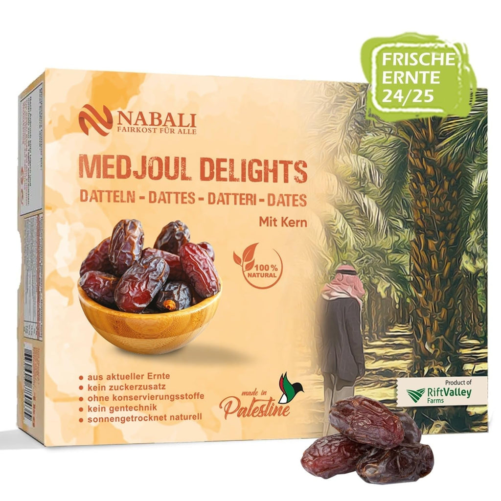 NABALI FAIRKOST 2KG Medjool - Curmale Medjoul Delight Calitate I 100% natural aromat proaspăt și vegan I Curmale Medjool fără conservanți dulci ca mierea și caramelizate (2KG) Produse deshidratate Naty Shop 1 kg (1 pachet)
