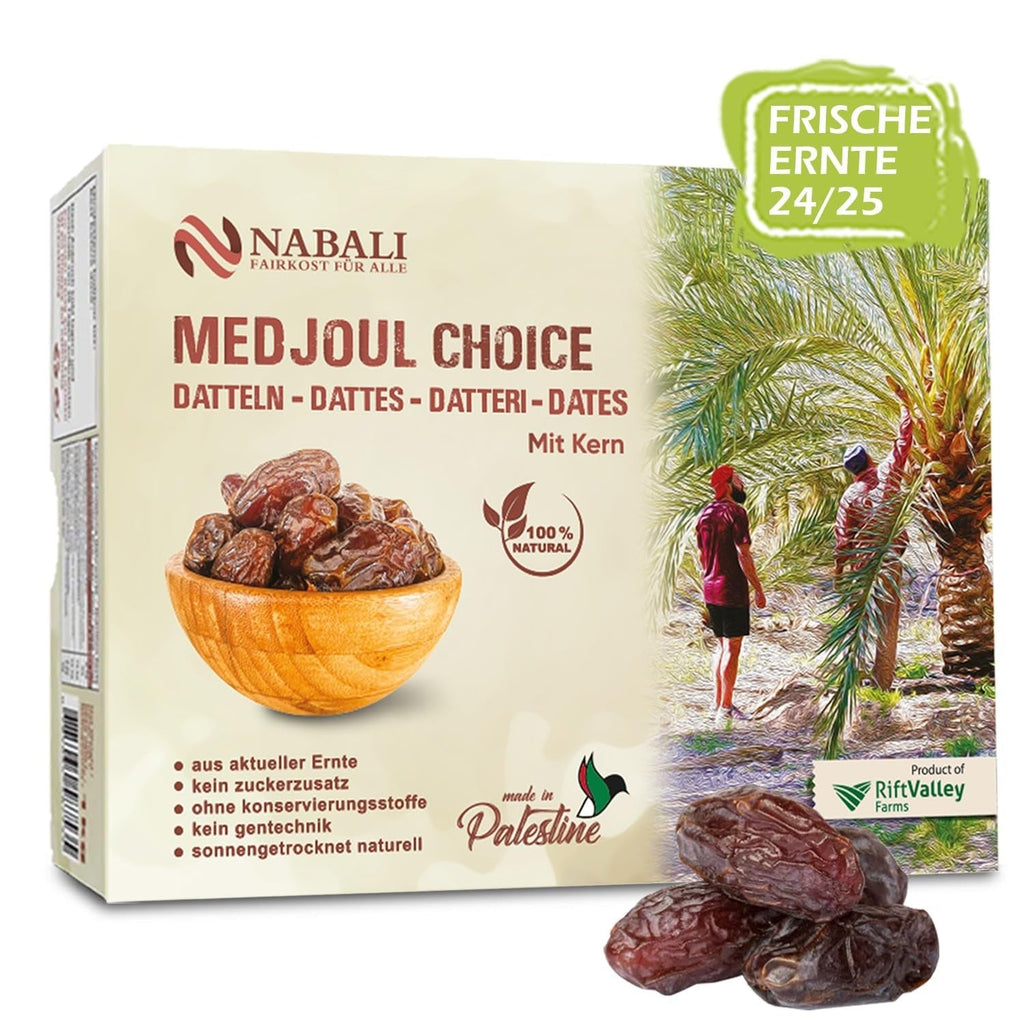 NABALI FAIRKOST FOR ALL Medjoul - Medjool Dates Choice I - 100% natural aromat proaspăt oriental moale I dulce ca mierea și caramelizat I Origine: Palestina I (1x1KG) Produse deshidratate Naty Shop 1 kg (1 pachet)