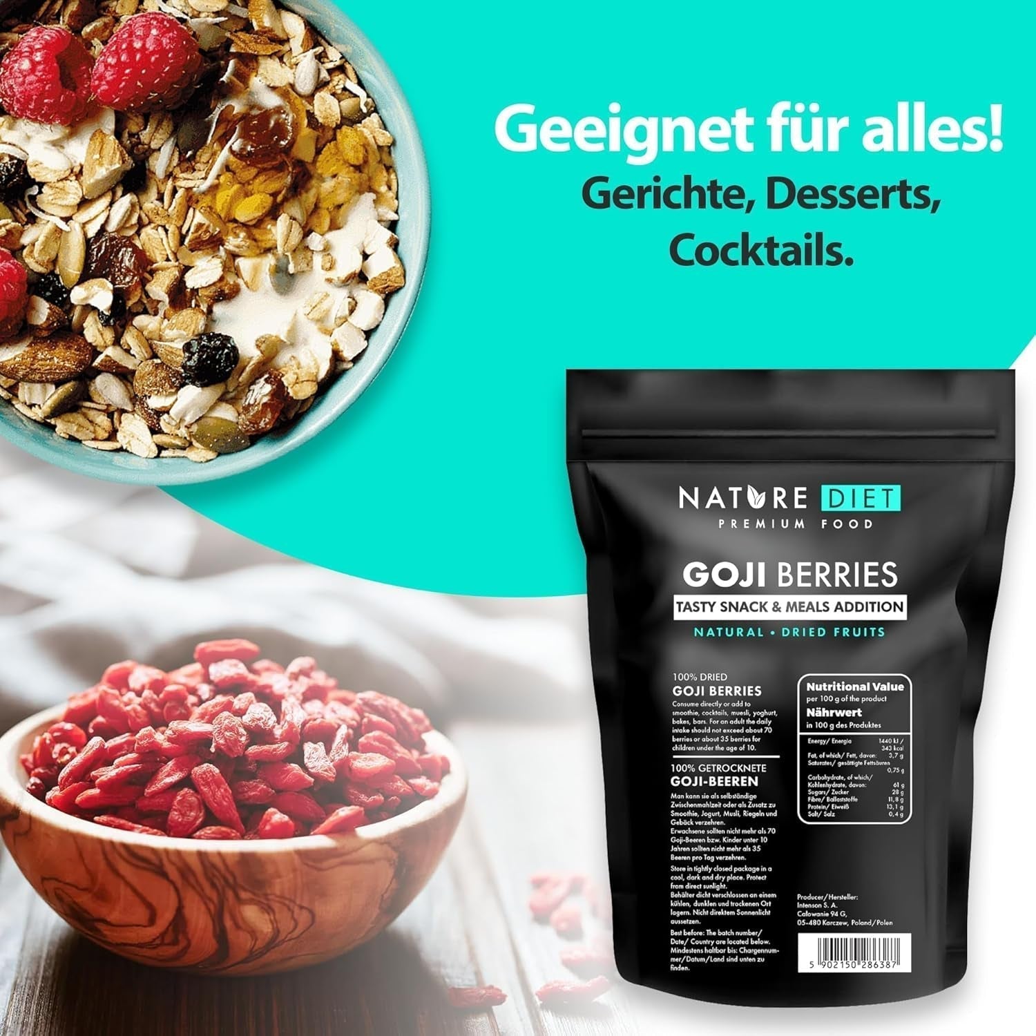 Nature Diet - Goji berries 1000 g | Fructe de pădure uscate | Gustare sănătoasă Produse deshidratate Naty Shop