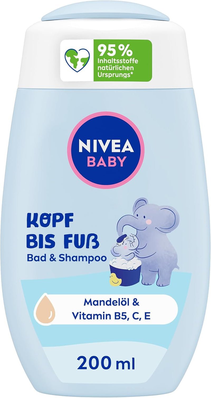 NIVEA BABY head to toe bath & shampoo, șampon blând vegan pentru copii pentru piele și păr cu ulei de migdale, gel de duș relaxant cu formulă hipoalergenică fără parabeni și microplastice (200 ml) Copii - Baie si Skincare Naty Shop Titlu implicit