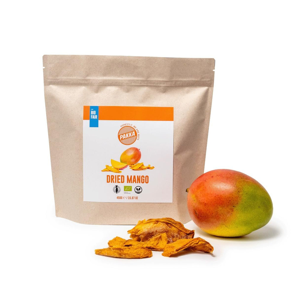 PAKKA organic fair trade mangoes 1kg, bucăți de mango uscate organic și corect, neîndulcite, nesulfurate, produse și umplute direct de producătorul din Columbia, vegan 1 kg (1 pachet) Produse deshidratate Naty Shop 450 G (1 pachet)