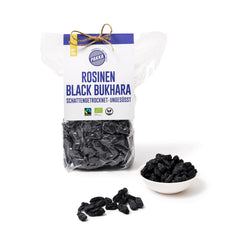 PAKKA - Stafide organice Fairtrade Bukhara 600g, fără semințe, struguri negri jumbo Bukhara uscați la umbră, fără ulei, deci lipicioși, nesulfurați, direct de la micii fermieri din Samarkand în Uzbekistan 600g Produse deshidratate Naty Shop Varianta 1: 600 G (pachet de 1)