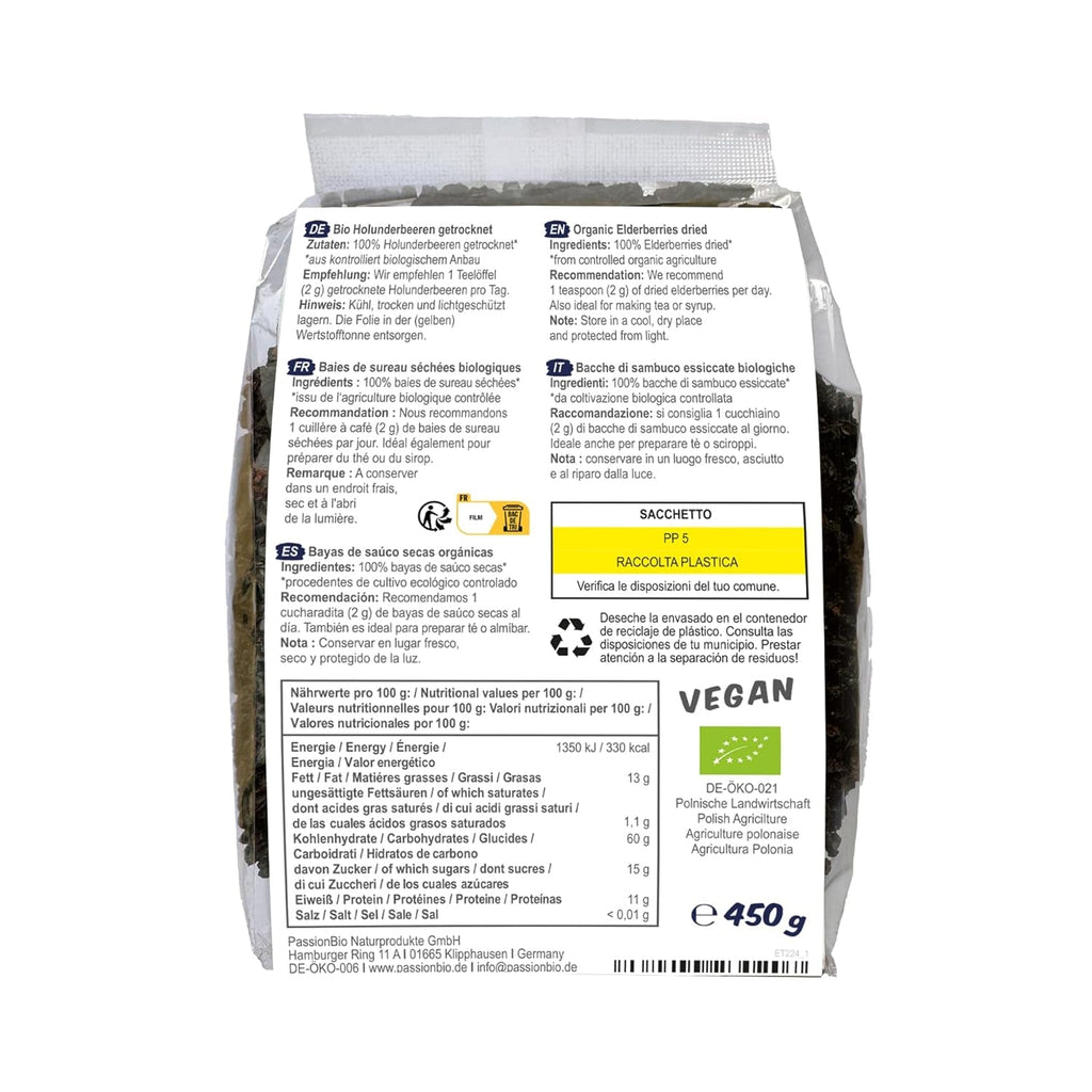 PassionBio Fructe de soc uscate organice 450 g - Fructe de soc negre pentru ceai și sirop - Vegan, fără conservanți, fără zahăr adăugat (conform legii) Produse deshidratate Naty Shop
