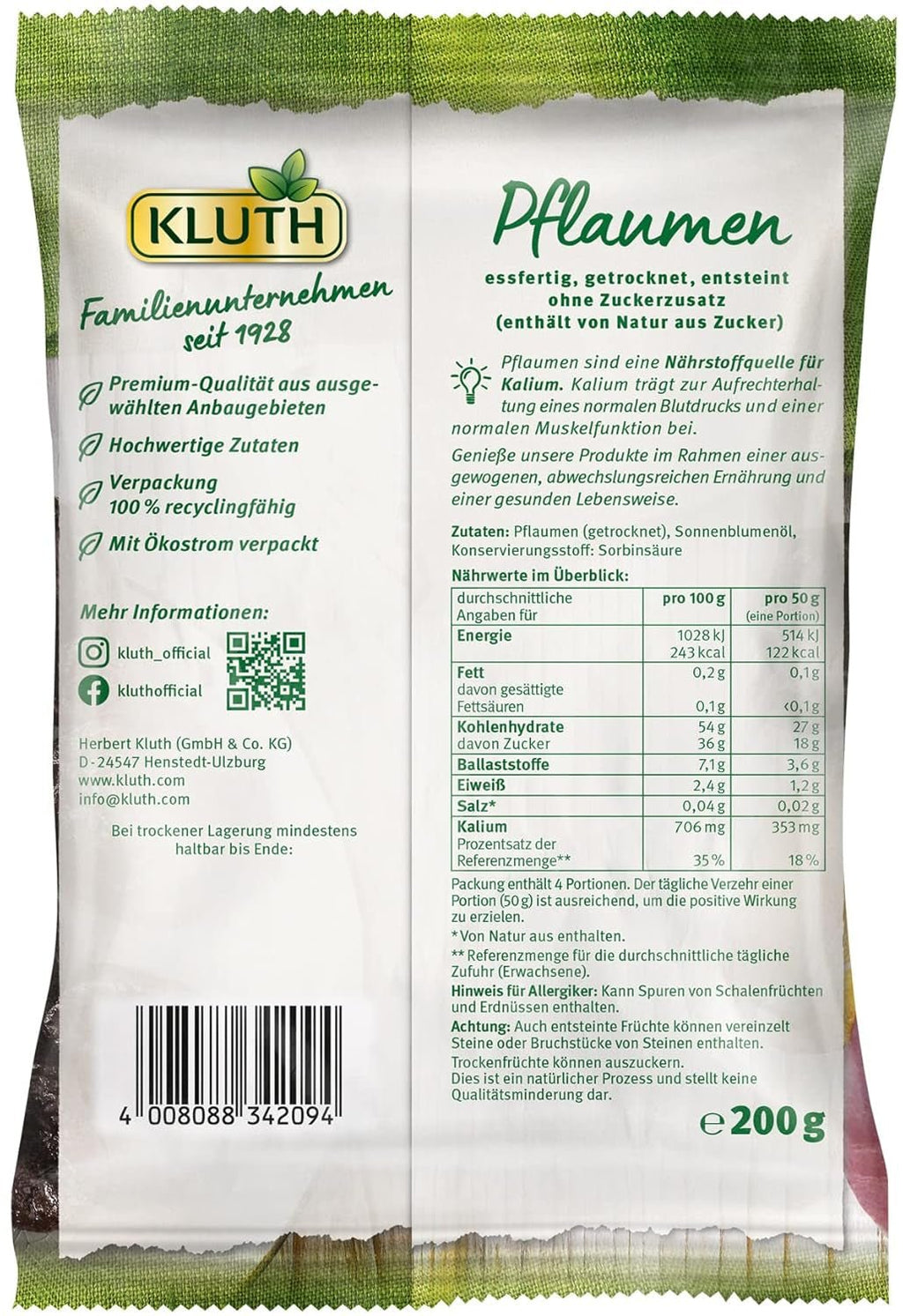 Prune cu sâmburi 200g - Aromate, fructate și dulci în mod natural - Vegane, nesulfurate, fără sâmburi și fără zahăr adăugat - Nutri-Score A (1 x 200g) Produse deshidratate Naty Shop