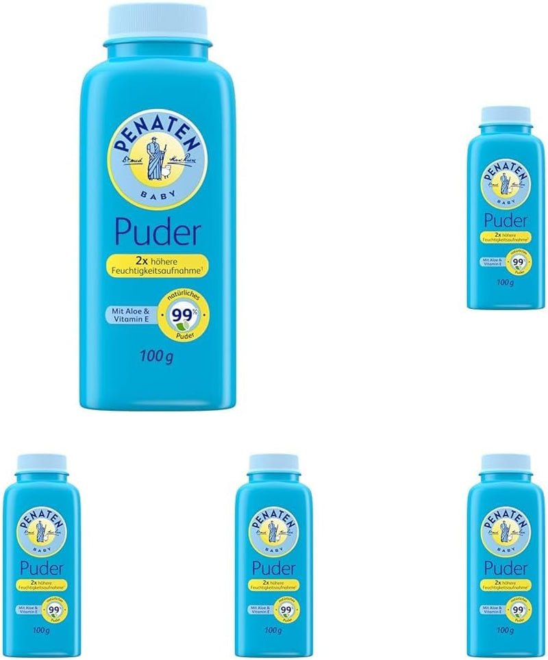 Pudră naturală pentru bebeluși Penaten cu aloe și vitamina E (1x 100g)- Protejează pielea sensibilă, absoarbe umezeala și menține pielea uscată- Aprobat dermatologic-99% ingrediente de origine naturală Copii - Baie si Skincare Naty Shop 100 G (pachet de 5) Pudră pentru bebeluși