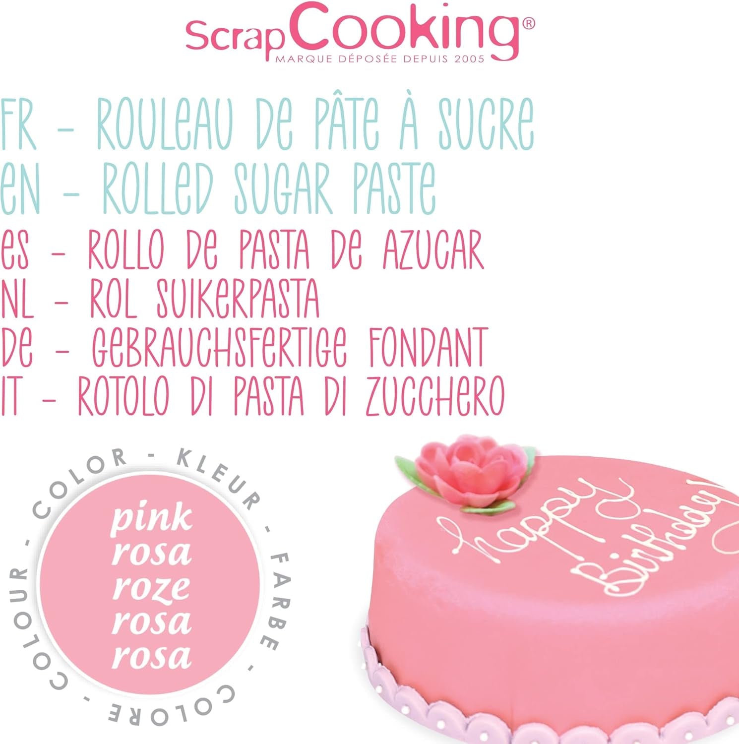 ScrapCooking - Roll fondant roz â'¬ 36 cm - Fondant negru rulat 430 g - Cake topper decorare topper fondant pentru prăjituri, coacere, aniversări, petreceri - Roz - 7264 Pasta de zahar Naty Shop