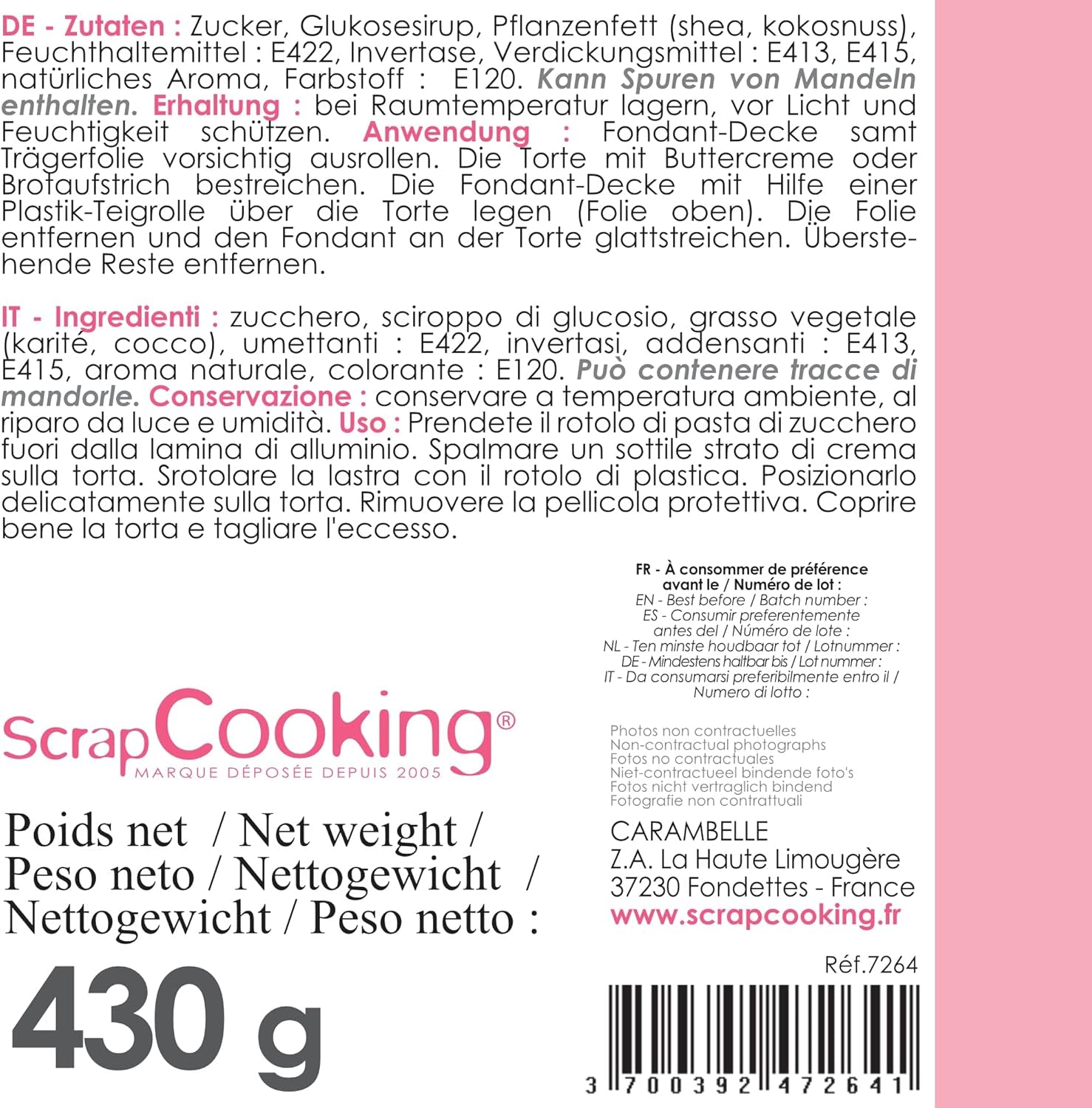 ScrapCooking - Roll fondant roz â'¬ 36 cm - Fondant negru rulat 430 g - Cake topper decorare topper fondant pentru prăjituri, coacere, aniversări, petreceri - Roz - 7264 Pasta de zahar Naty Shop