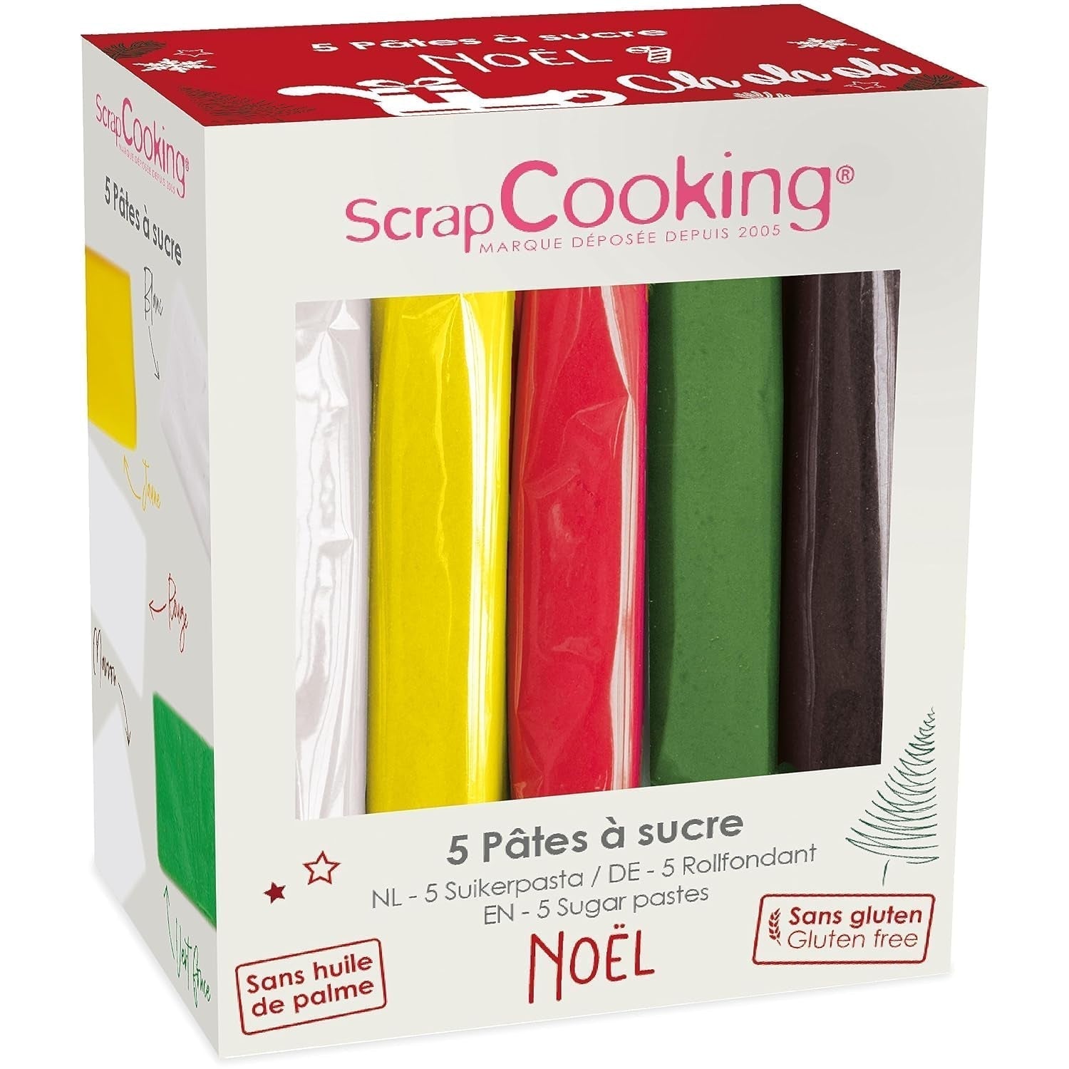 ScrapCooking - Set de 5 Fondant - alb, galben, roșu, verde și maro - 5 x 80g - pastă de zahăr pentru prăjituri Decorațiuni pentru torturi Ziua de naștere Crăciun - fără gluten și fără ulei de palmier - 7257 Pasta de zahar Naty Shop Default Title