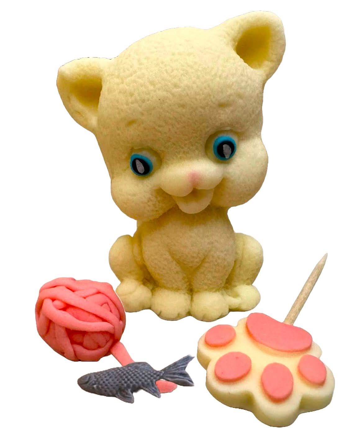 Set 4 decoratiuni comestibile din zahar, Pisicuta jucausa Decoratiuni din Pasta de Zahar Nati Shop