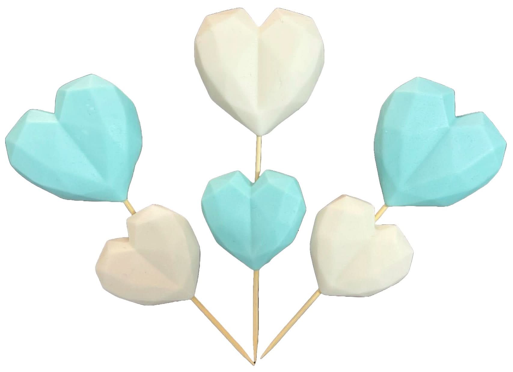 Set 6 decoratiuni comestibile din zahar, Inimi alb-bleu Decoratiuni din Pasta de Zahar Nati Shop