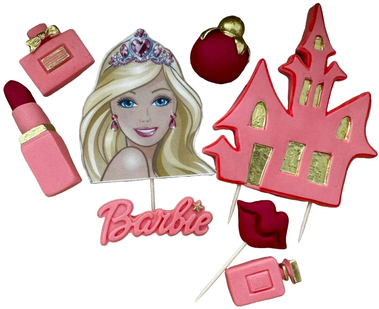 Set 8 decoratiuni comestibile din zahar, Barbie Decoratiuni din Pasta de Zahar Nati Shop
