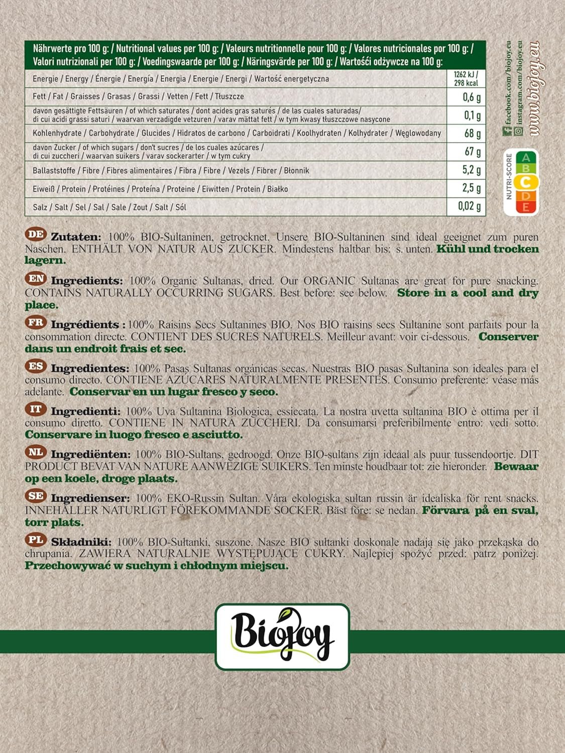 Sultane bio Biojoy (500 g), uscate și nesulfurate Produse deshidratate Naty Shop