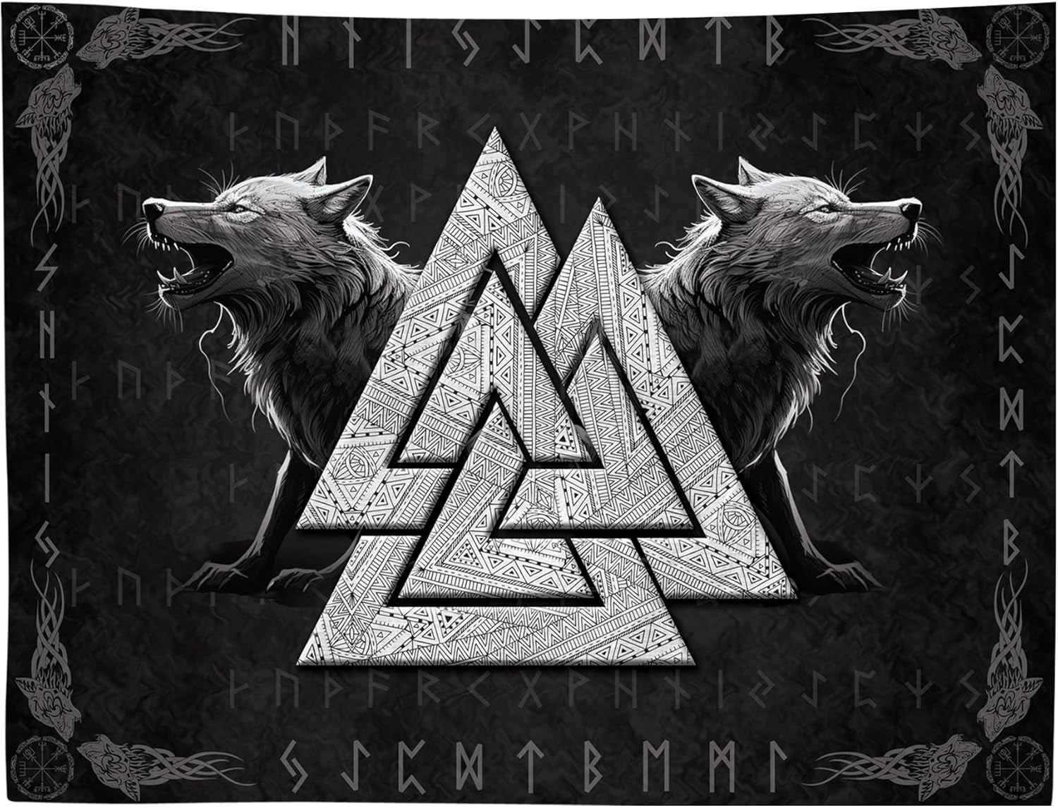 Tapiserie viking wolf totem negru alb meditatie rune Casa - Accesorii si Decoratiuni Naty Shop 200L X 150B Cm