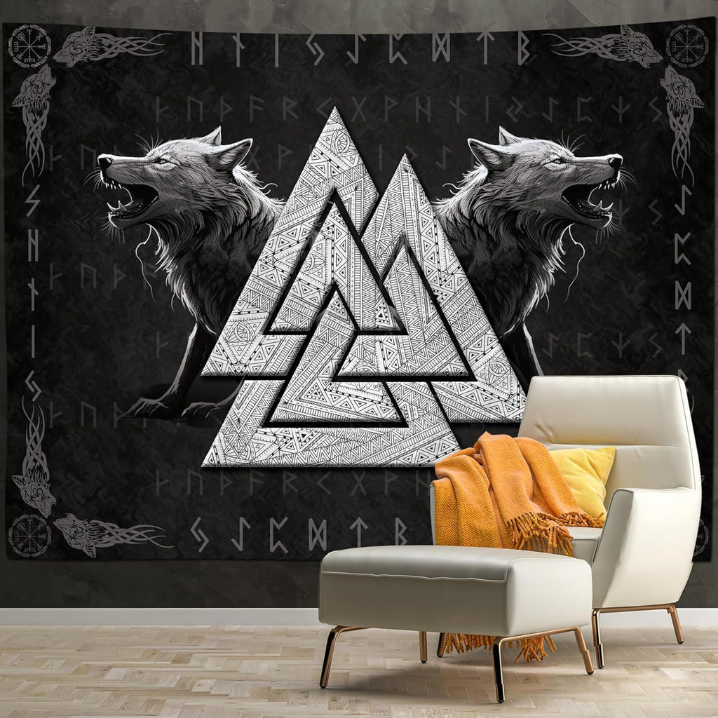 Tapiserie viking wolf totem negru alb meditatie rune Casa - Accesorii si Decoratiuni Naty Shop