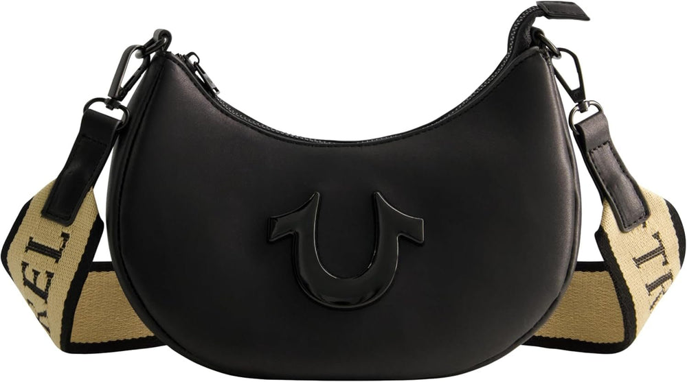 True Religion Women's Shoulder Bag Purse, Crescent Hobo Handbag cu curea detașabilă reglabilă și logo-ul Horseshoe Genti Femei Naty Shop Negru