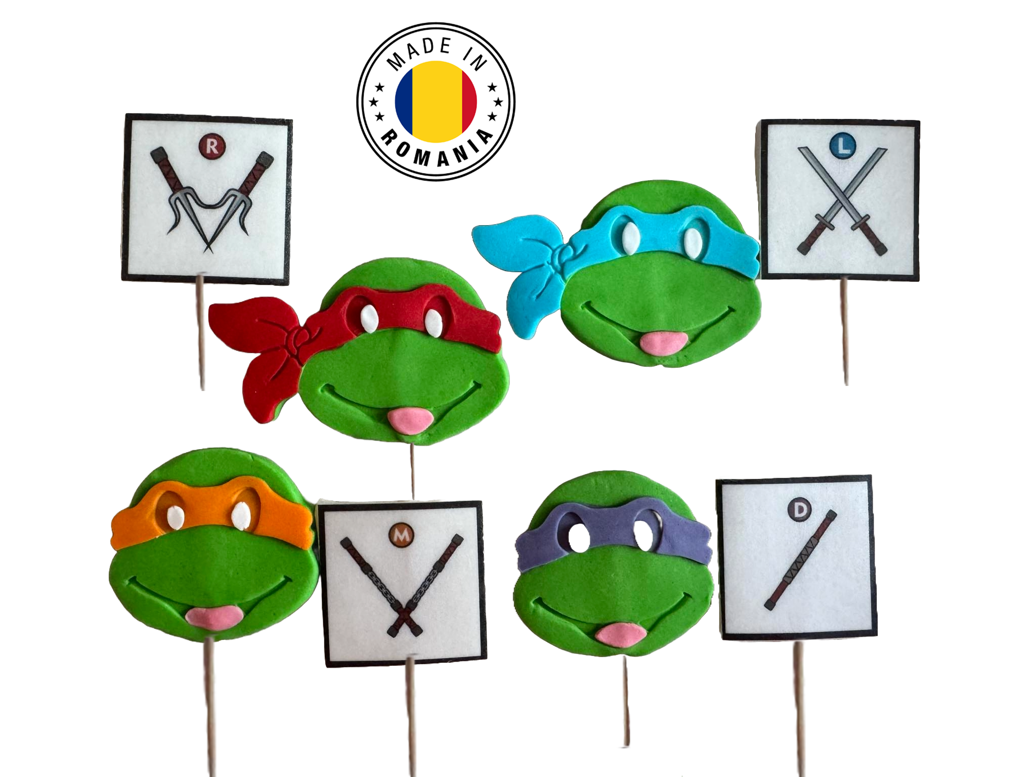 Set 8 decoratiuni comestibile din zahar, Testoasele Ninja Decoratiuni din Pasta de Zahar Nati Shop